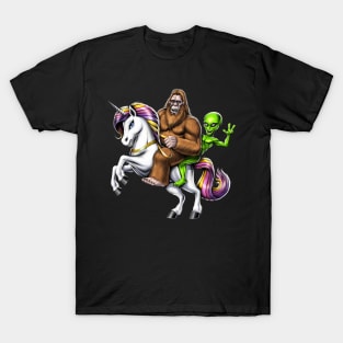 Bigfoot Alien Riding Unicorn T-Shirt